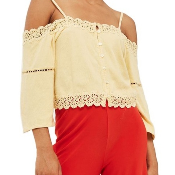 Topshop Tops - Topshop Yellow Lace Trim Off the Shoulder Top